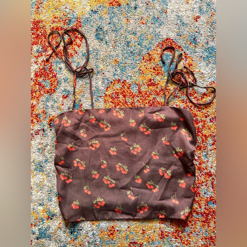 Urban Outfitters Brown w Cherry Print Faux Satin Crop Top